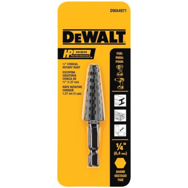 DWA4971 Râpe rotative conique 1/2 po High Performance DEWALT pour visseuse, embout 1/4 po hexagonal – Image 2